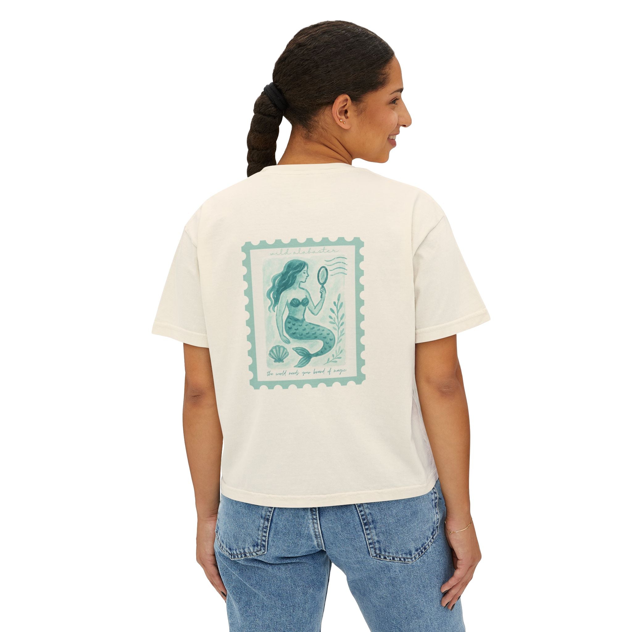 Mermaid Illustration Boxy Tee – Vintage Stamp Art