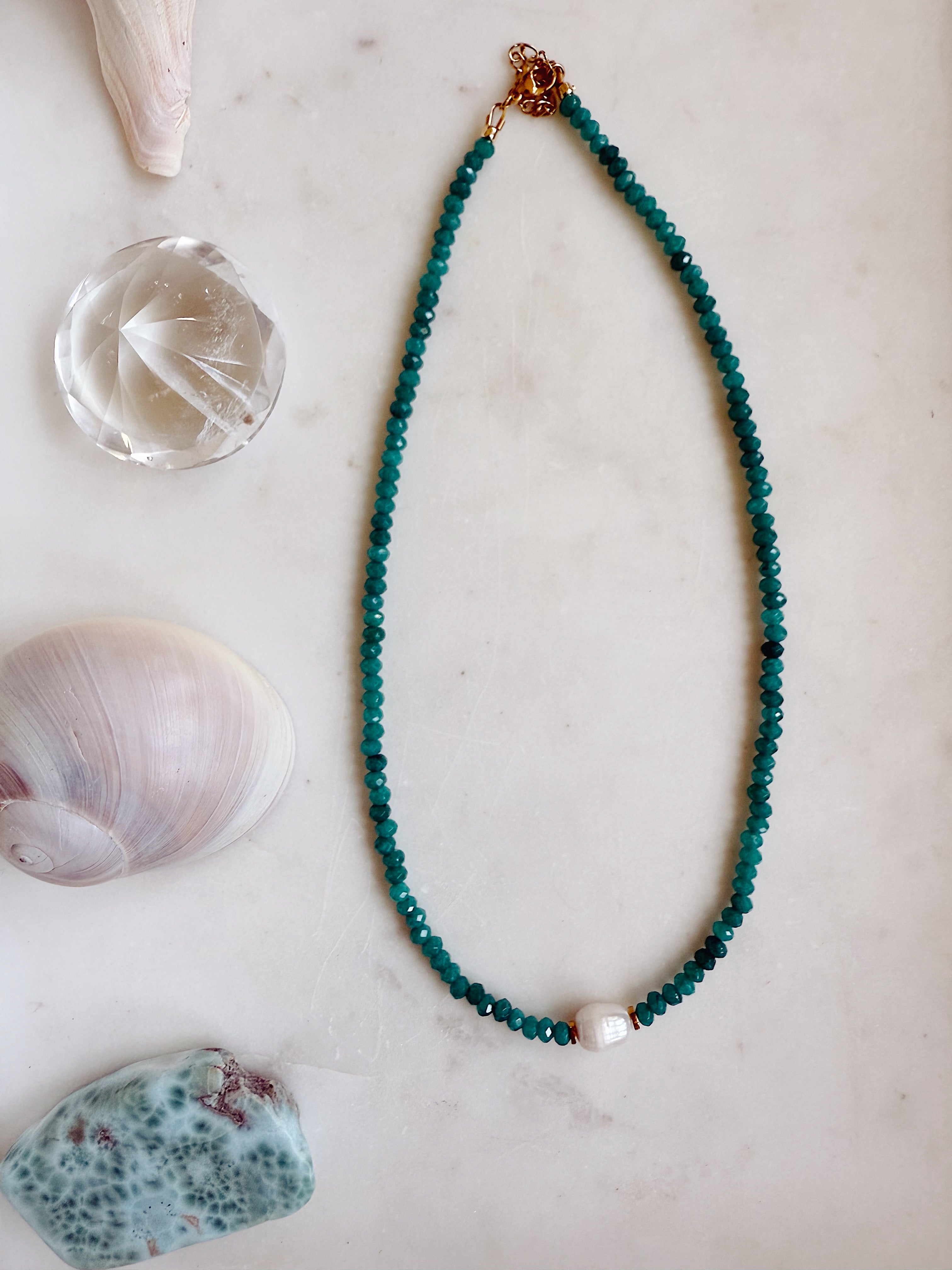 The Reid Necklace – faceted crystal bead and freshwater pearl necklace in amazonite, labradorite, green tourmaline, and more