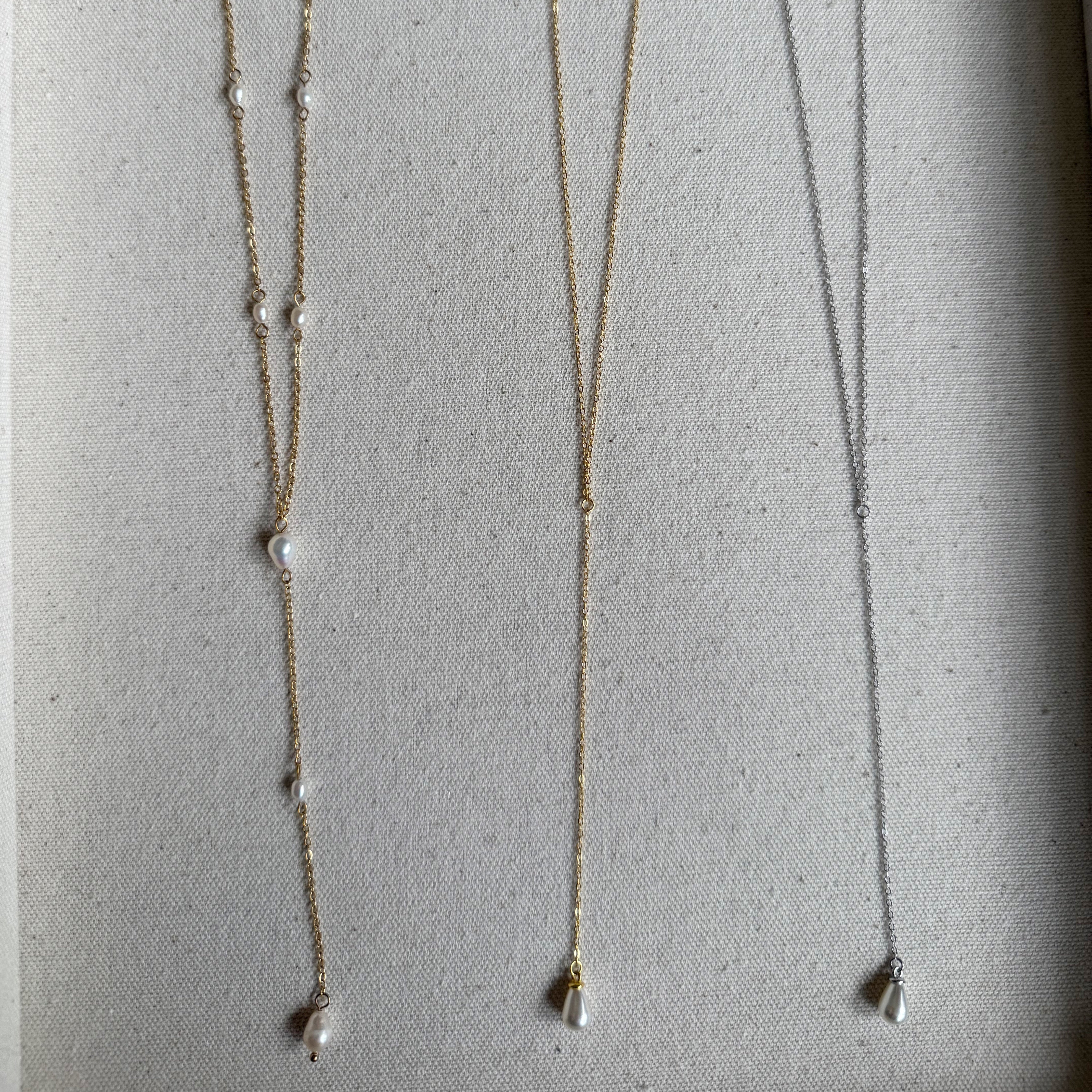 The Lyra Lariat | Gold or Silver and Pearl Drop Necklace