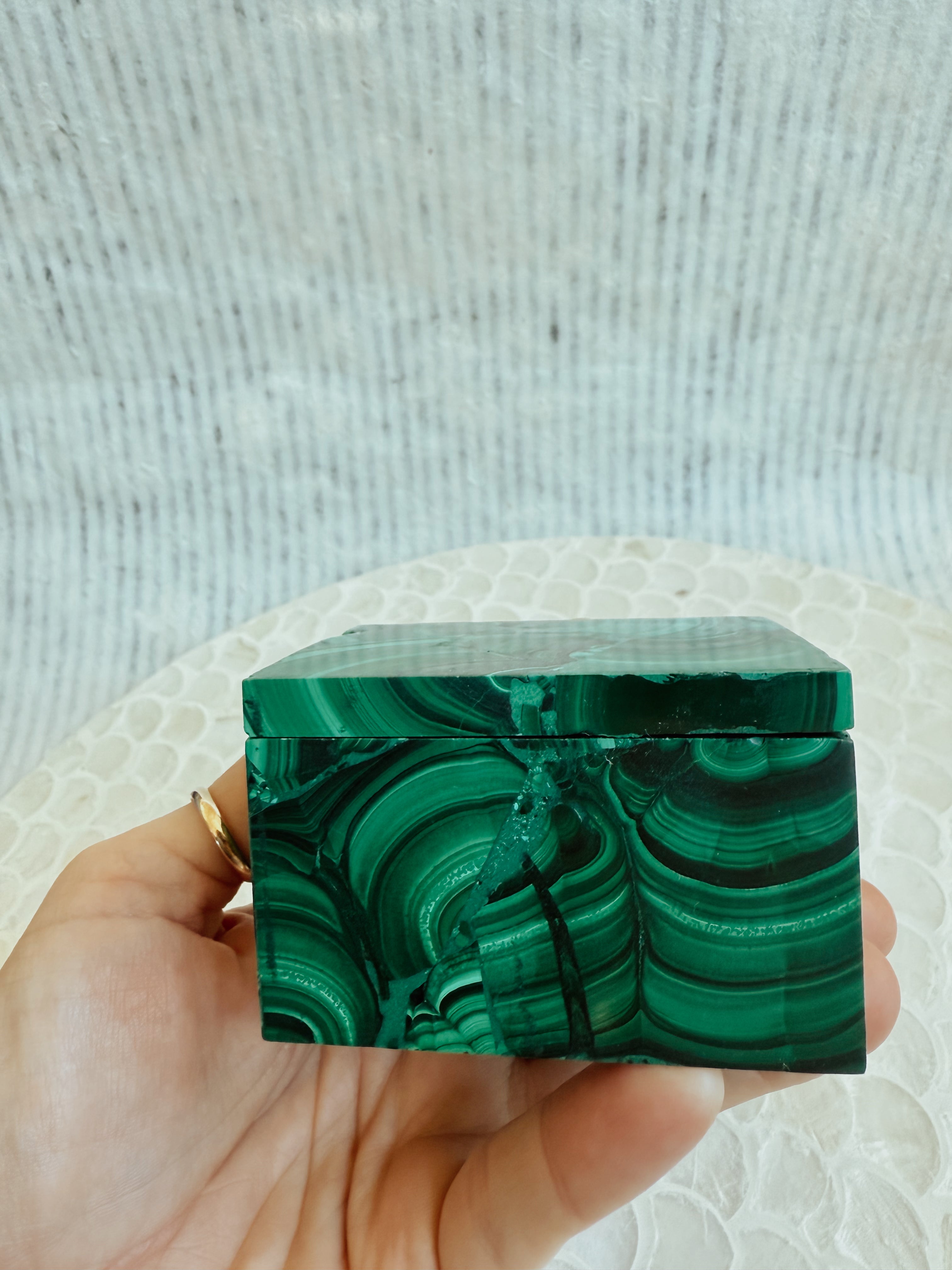 Small Malachite Trinket Box | Hand-Carved Crystal Box with Lid | Jewelry + Keepsake Storage