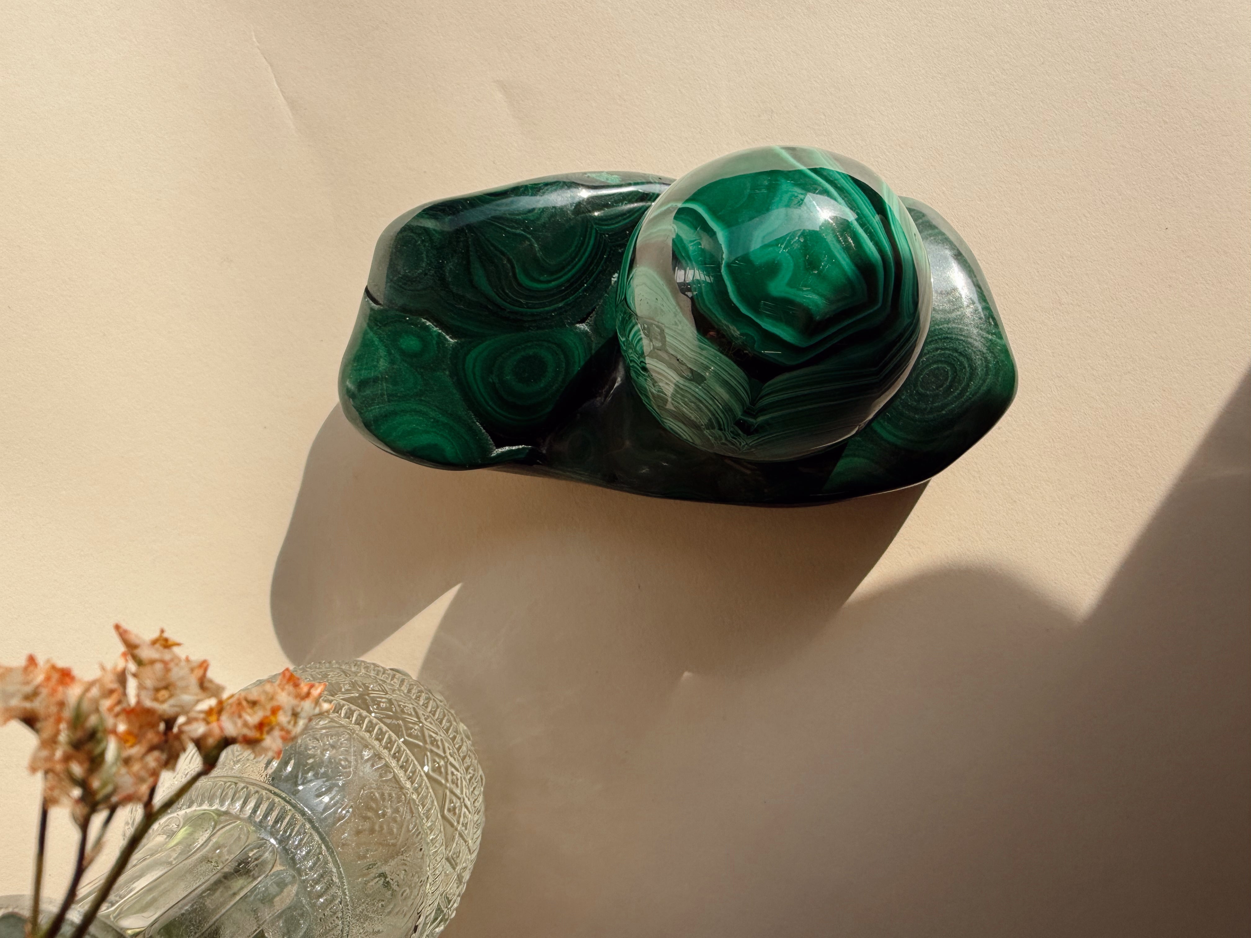 Malachite Sphere with Matching Base