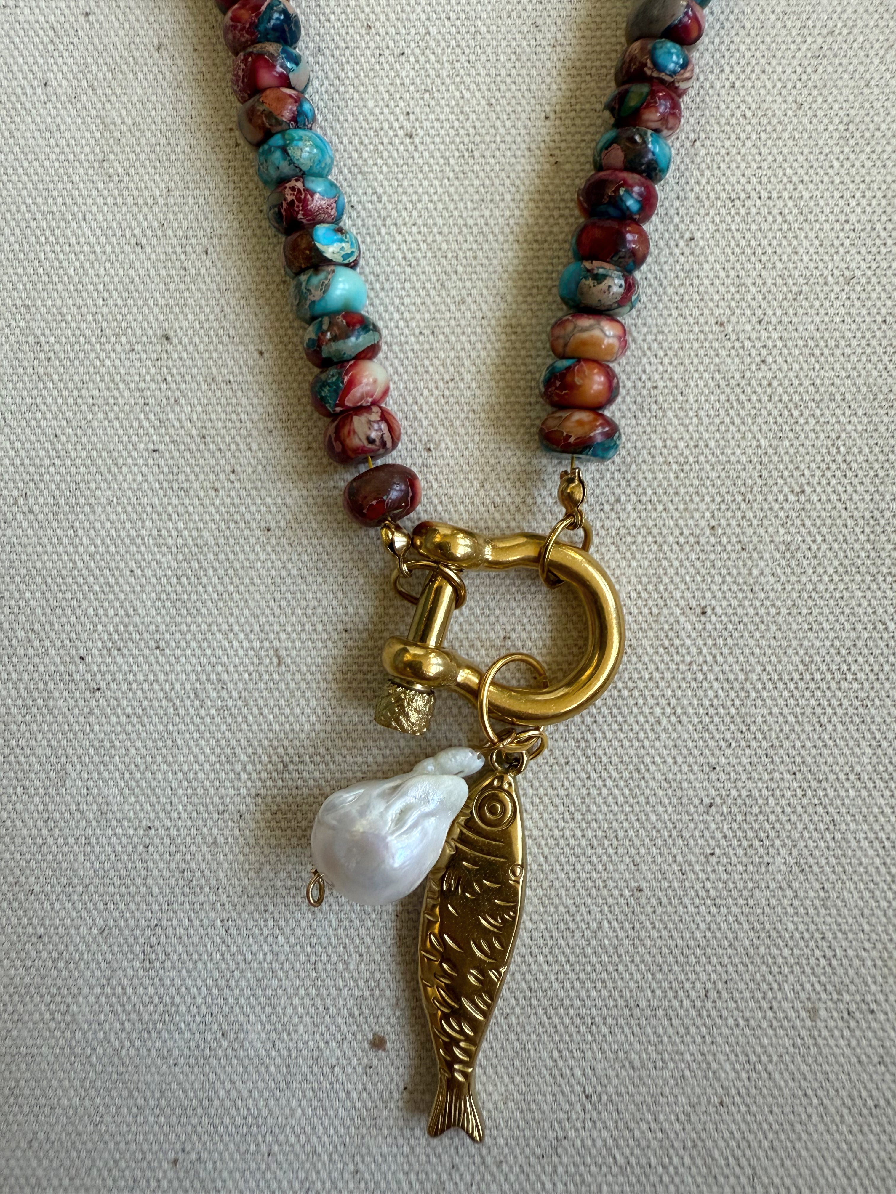 The Vesta Necklace – Imperial Jasper Beaded Necklace with 14K Gold Saylor Carabiner Clasp