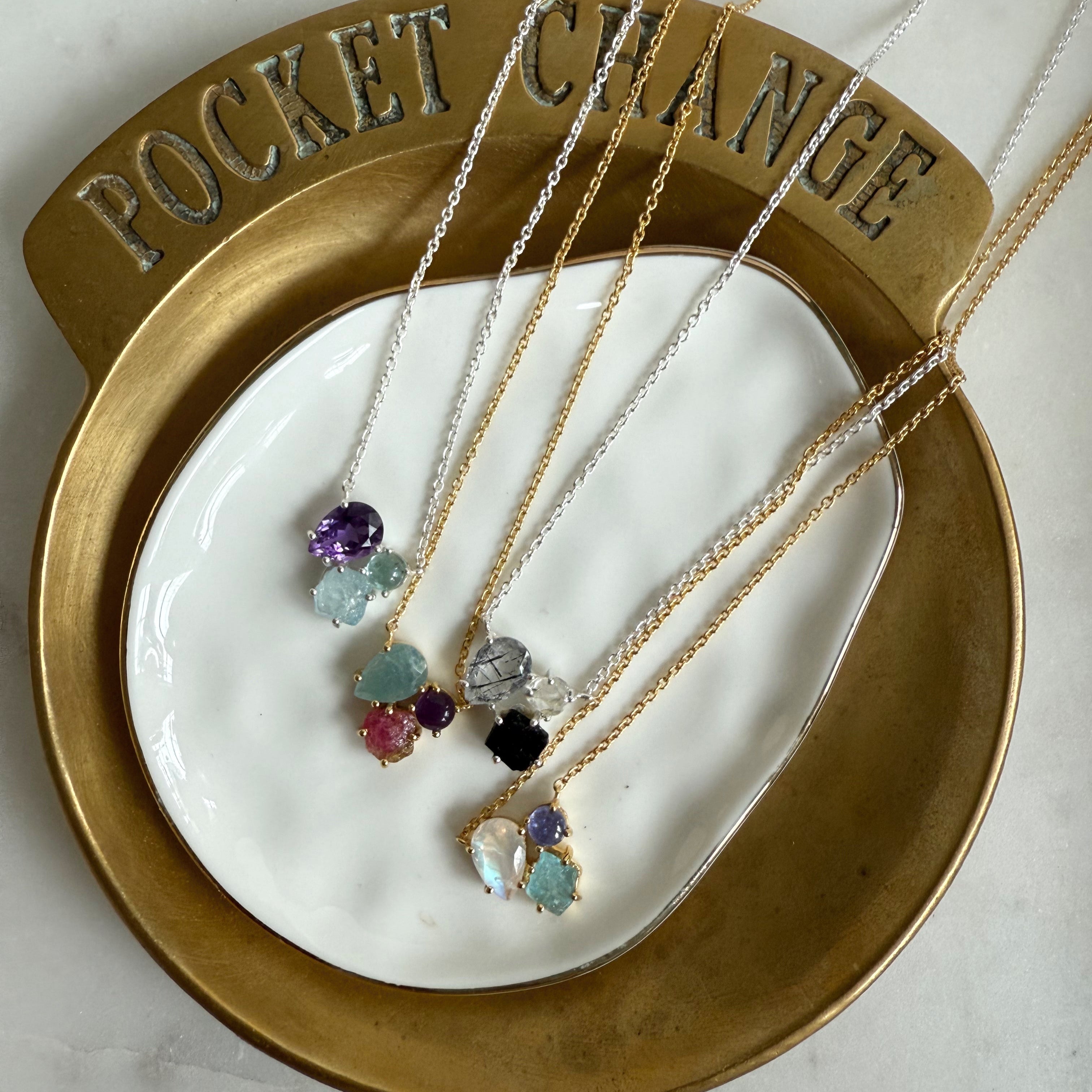 The Selene Necklace by Wild Alabaster — trio of faceted, polished, and raw gemstones set in gold vermeil or sterling silver, celestial-inspired jewelry.