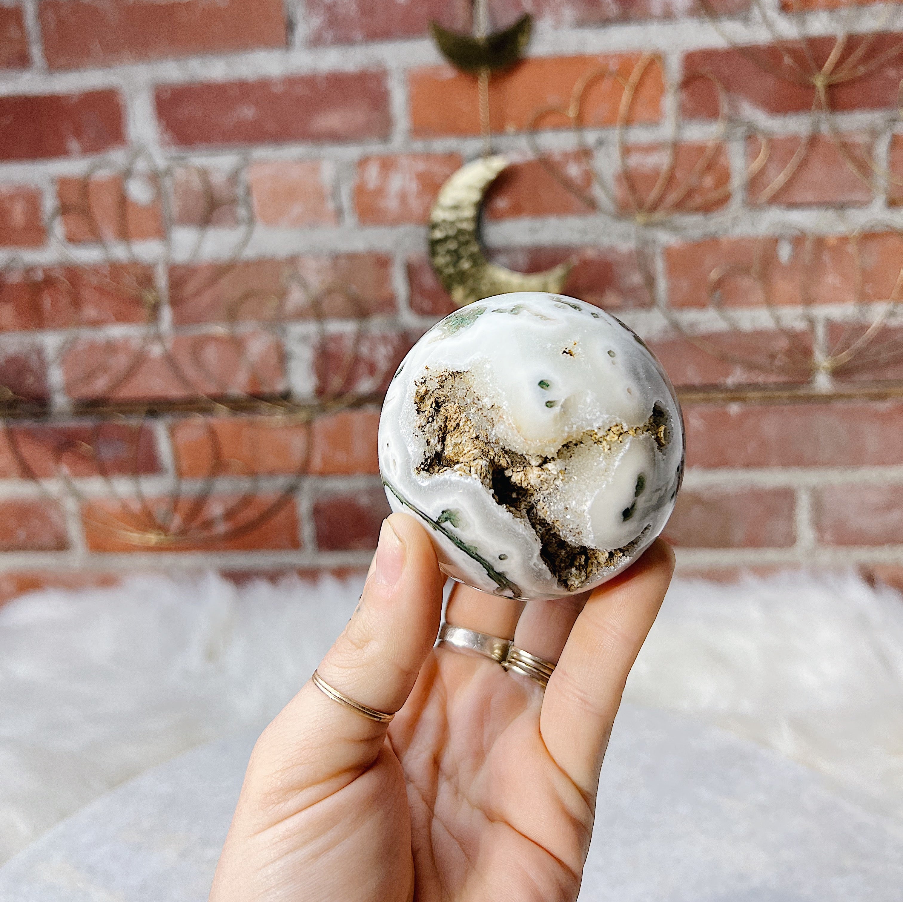 Intuitively Chosen Moss Agate Sphere Wild Alabaster