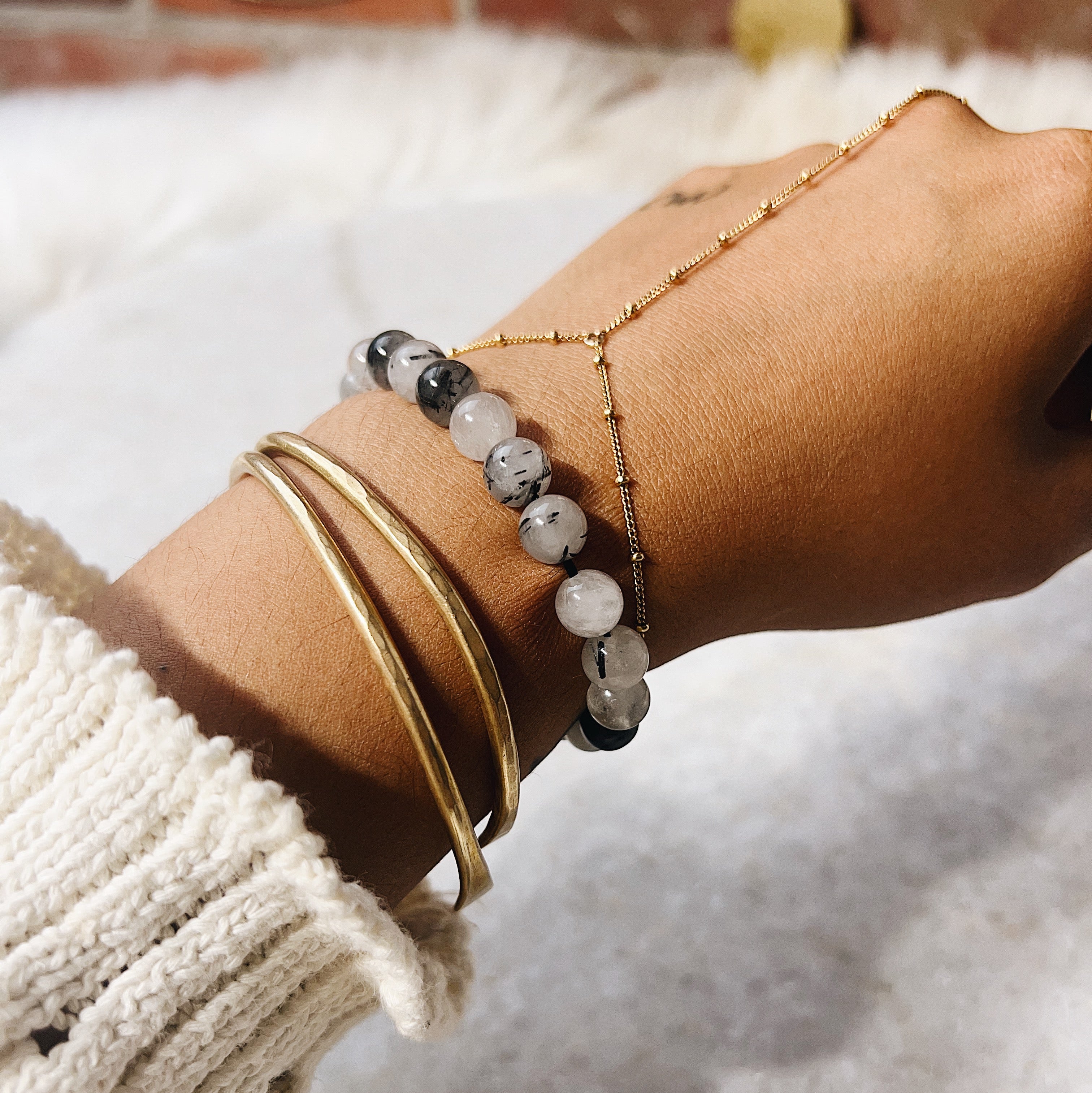 Intuitively Chosen Tourmalinated Quartz Round Stone Bracelet Wild Alabaster