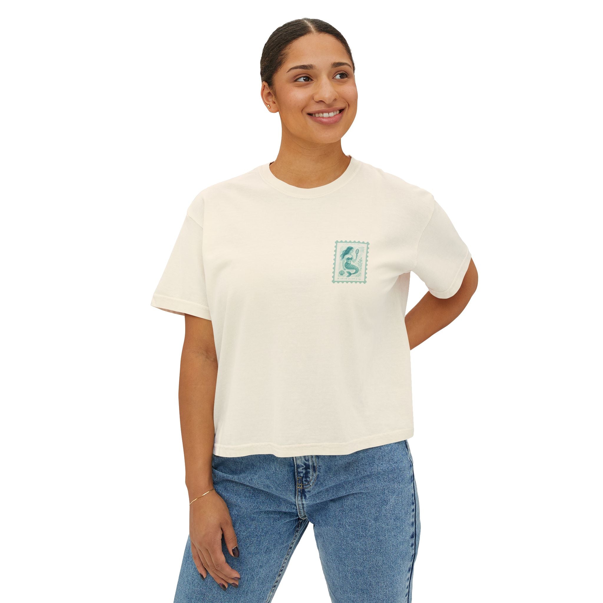 Mermaid Illustration Boxy Tee – Vintage Stamp Art