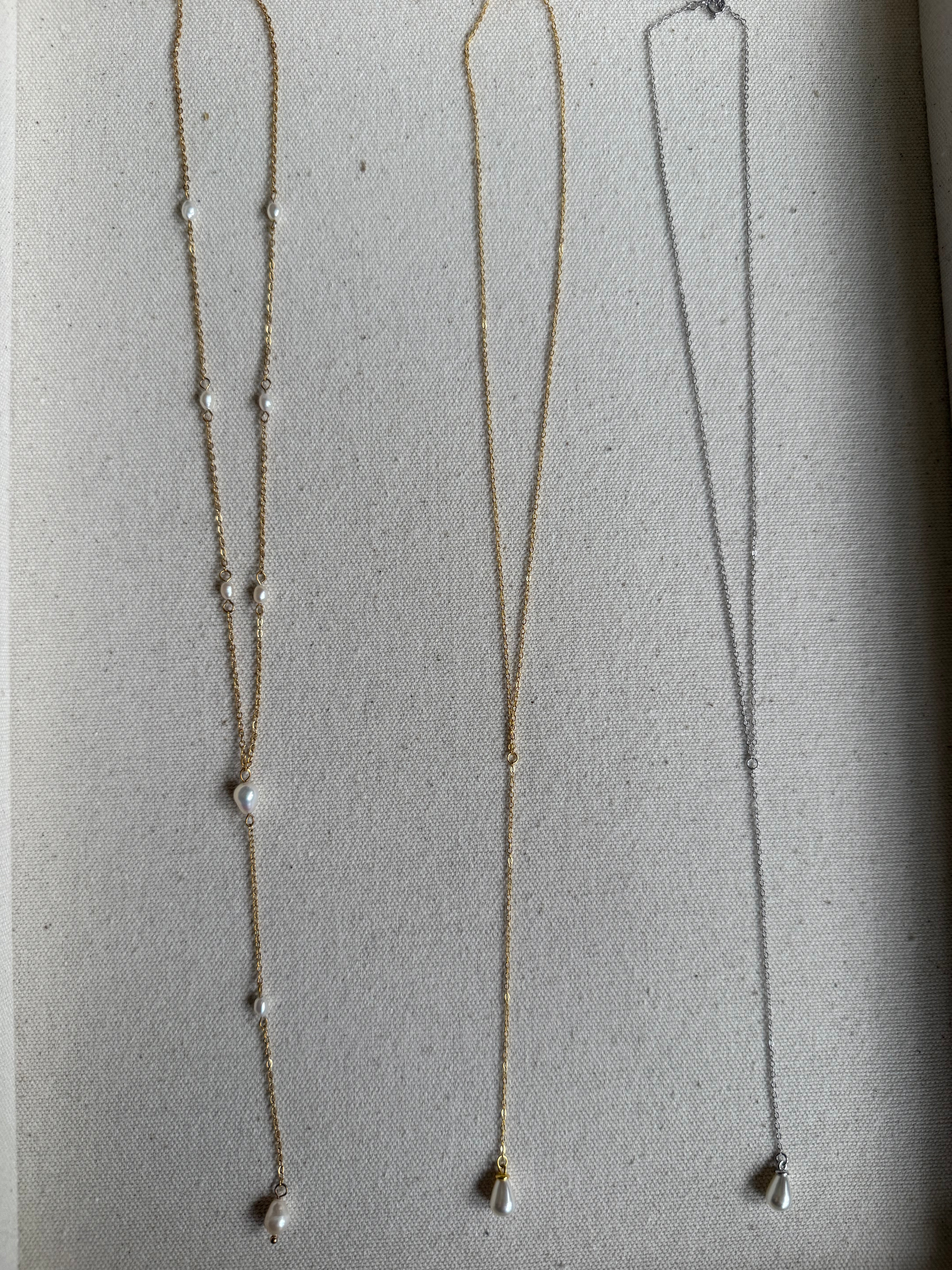 The Lyra Lariat | Gold or Silver and Pearl Drop Necklace