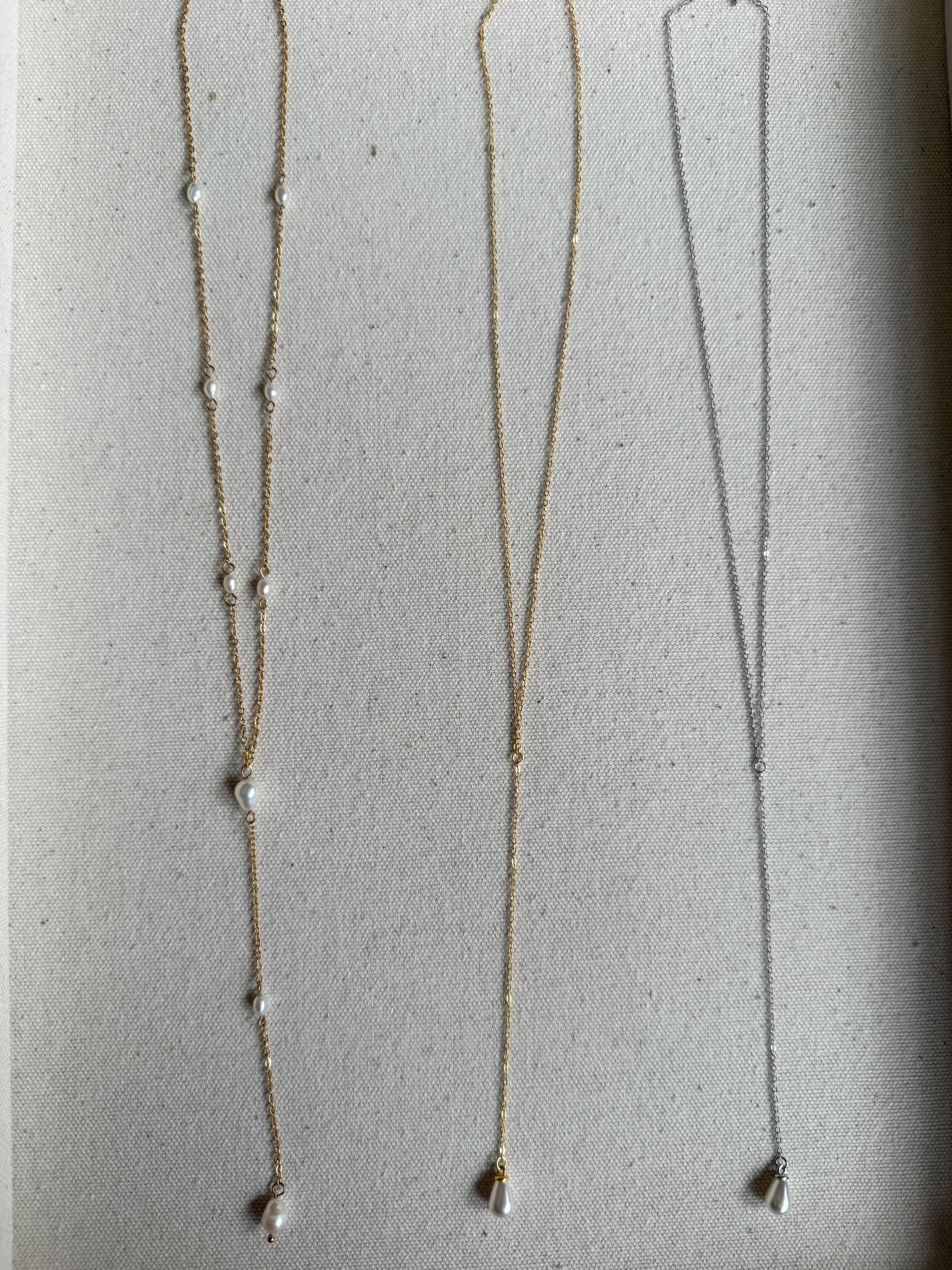 The Lyra Lariat | Gold or Silver and Pearl Drop Necklace