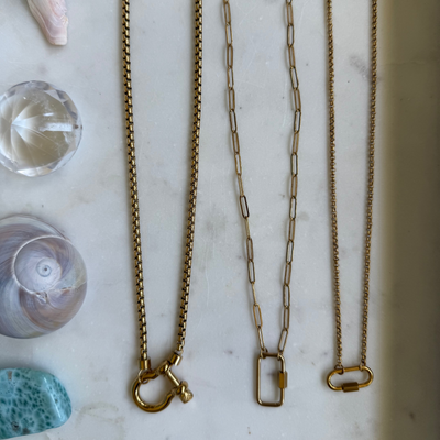 Saylor Carabiner Necklace – 18 inch gold chain with carabiner clasp in round box, rolo, or paper clip styles
