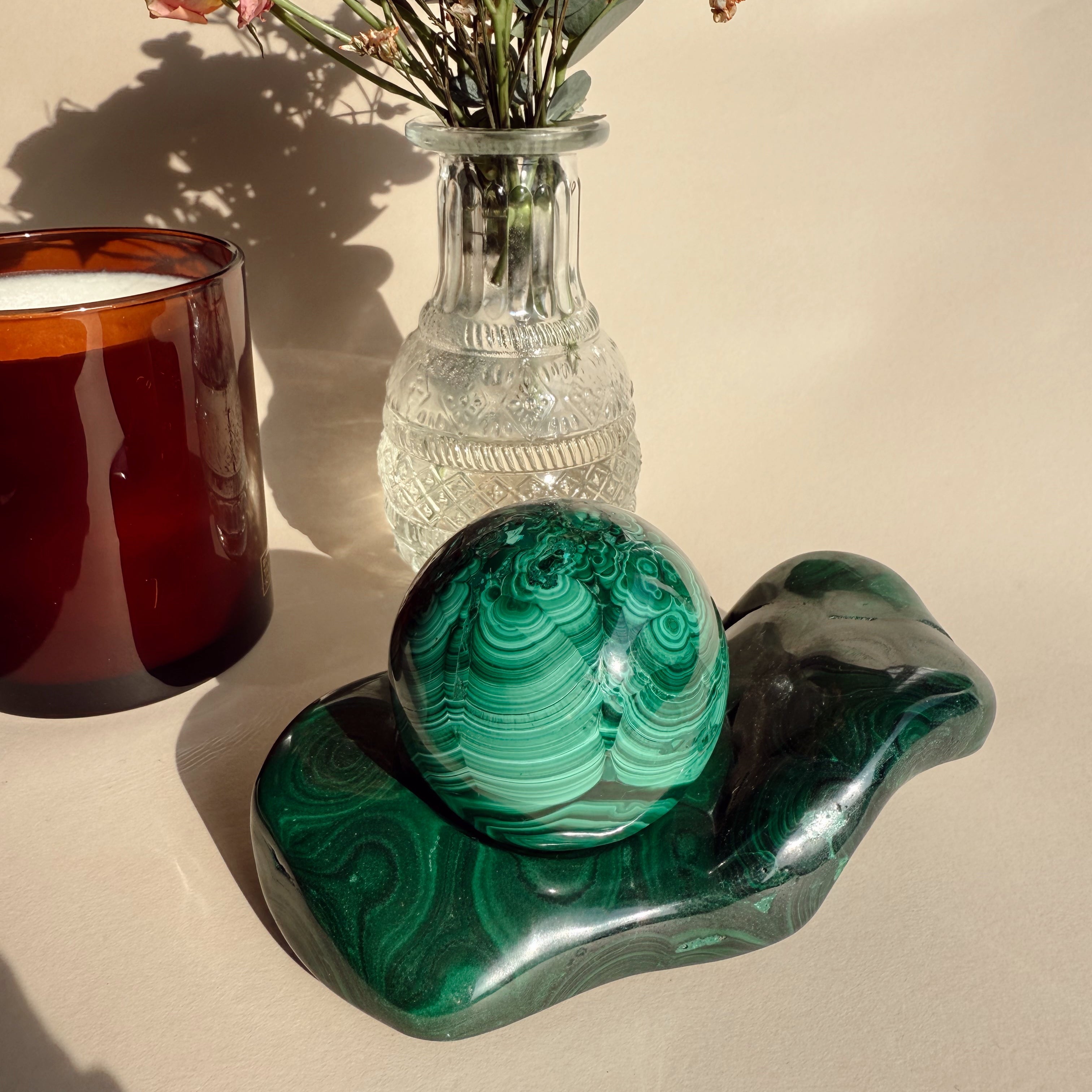 Malachite Sphere with Matching Base