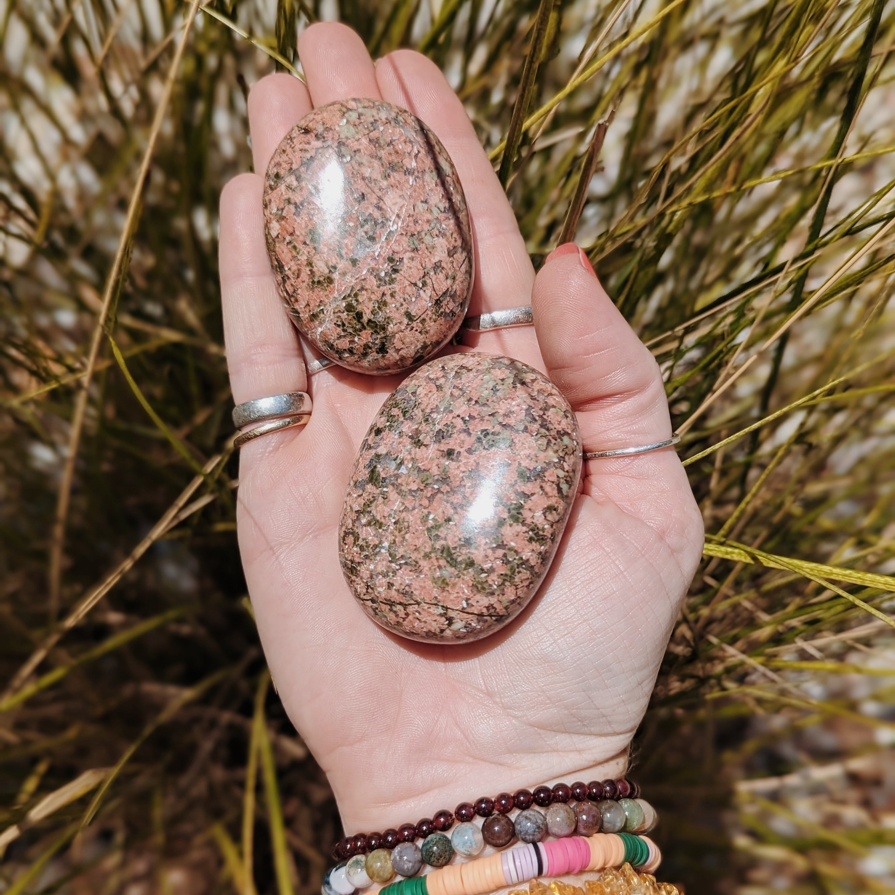 Intuitively Chosen Unakite Palm Stone Wild Alabaster