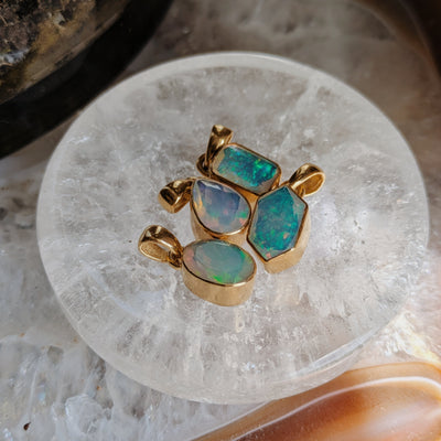 Faceted Thick Bezel Ethiopian Opal Pendants | Gold Wild Alabaster