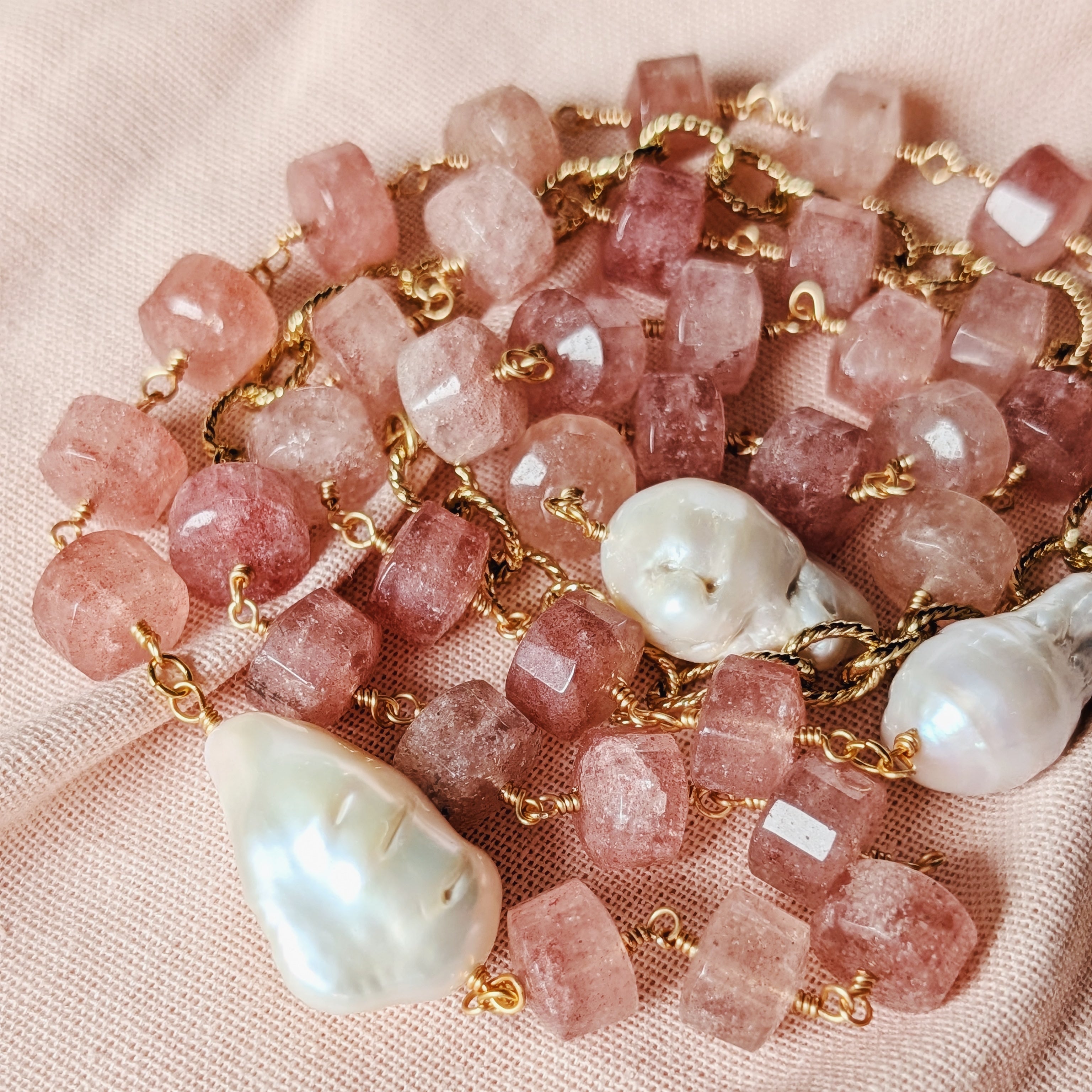 The Mireille Necklace | Strawberry Quartz & Baroque Pearl