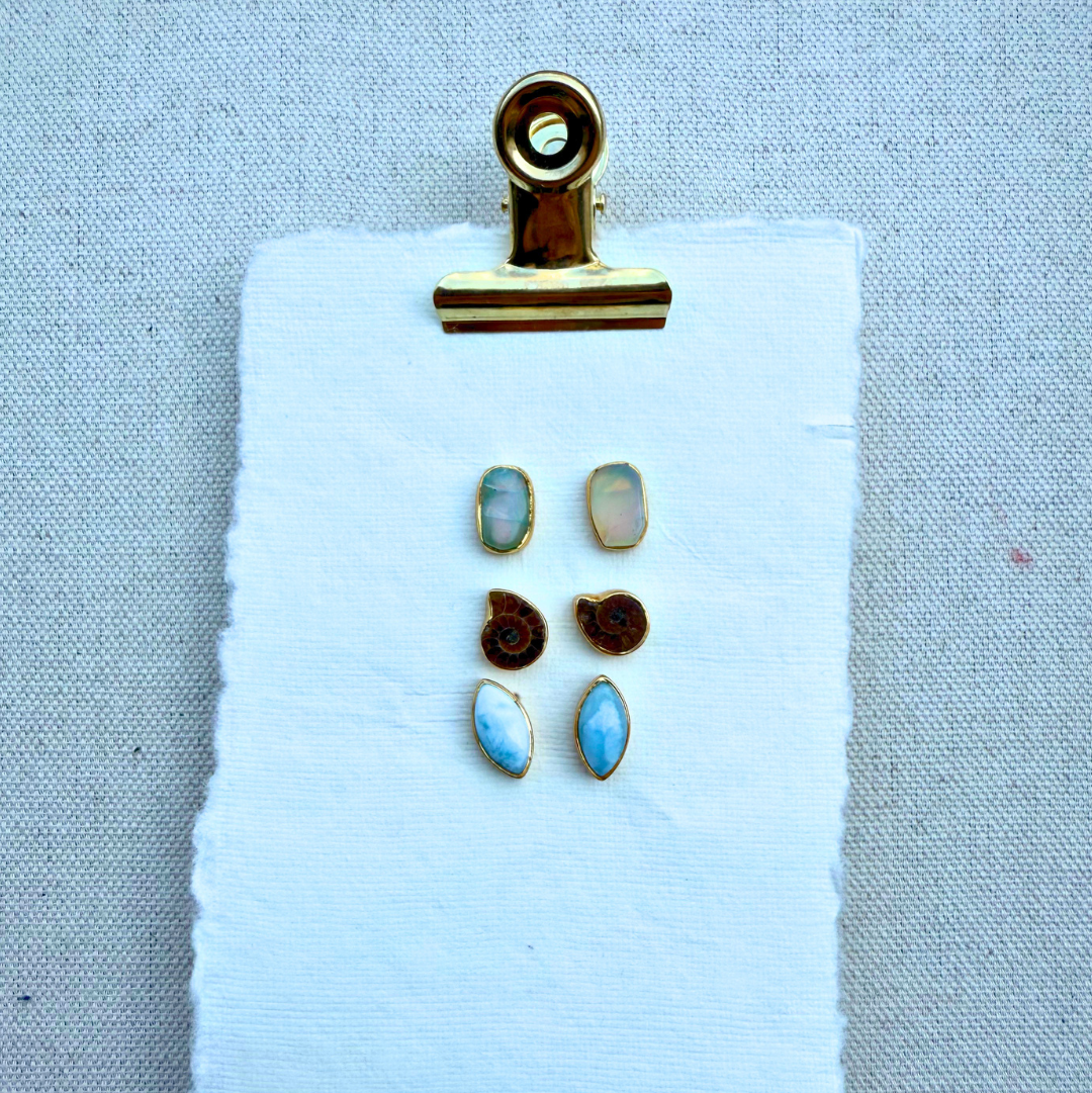 Neptune’s Muse Stud Earrings | Larimar, Opal + Ammonite