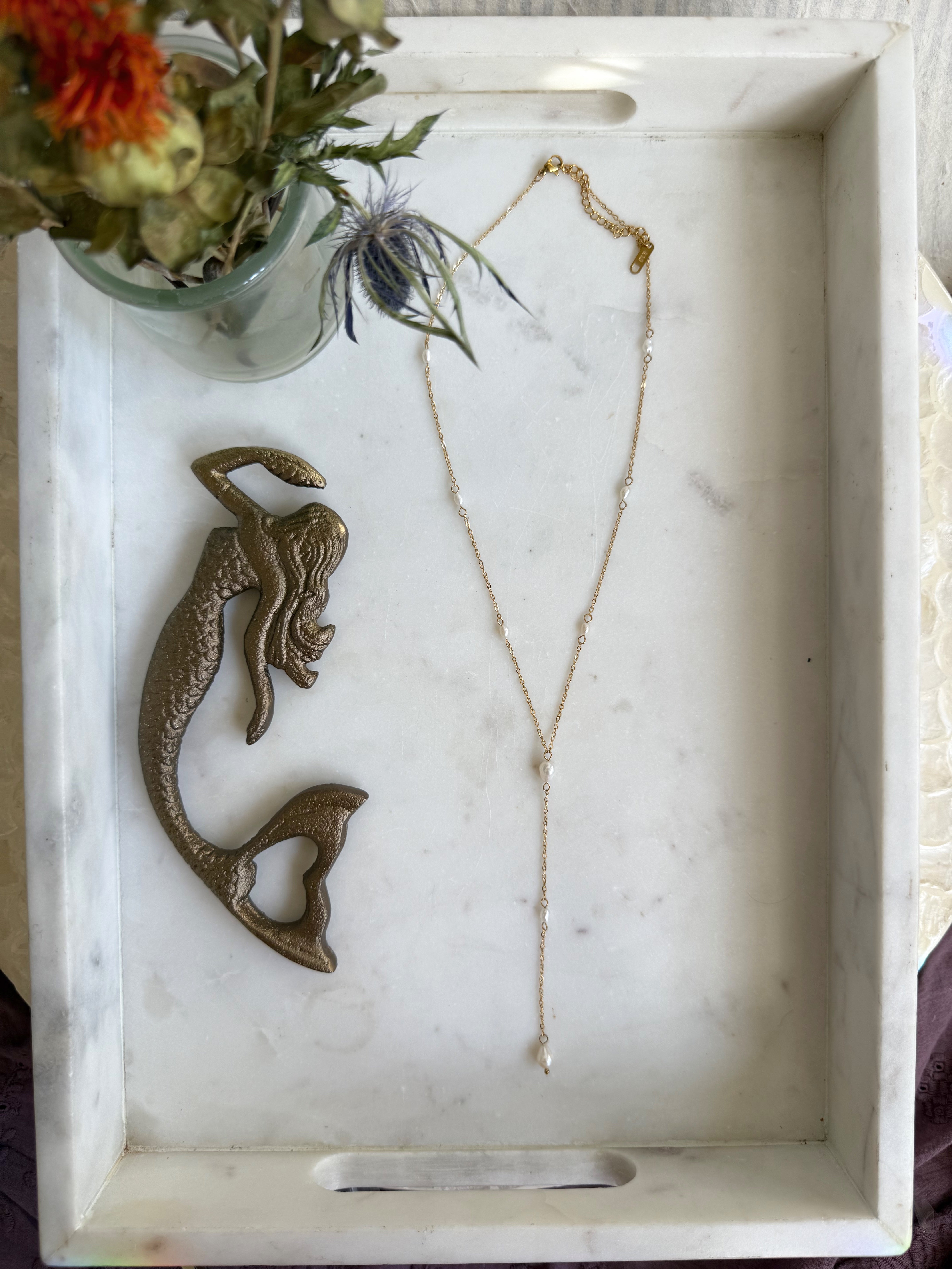 The Lyra Lariat | Gold or Silver and Pearl Drop Necklace