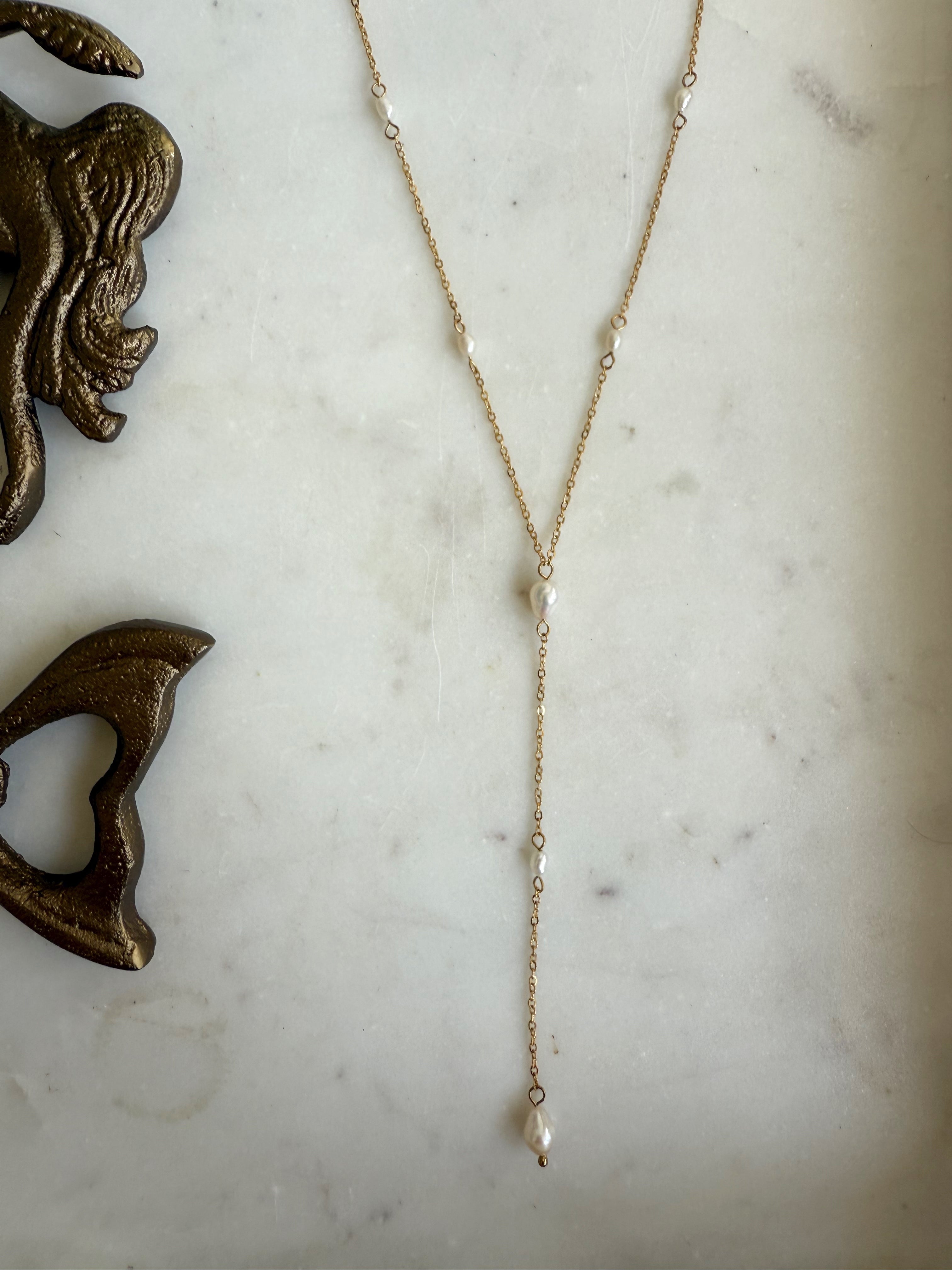 The Lyra Lariat | Gold or Silver and Pearl Drop Necklace