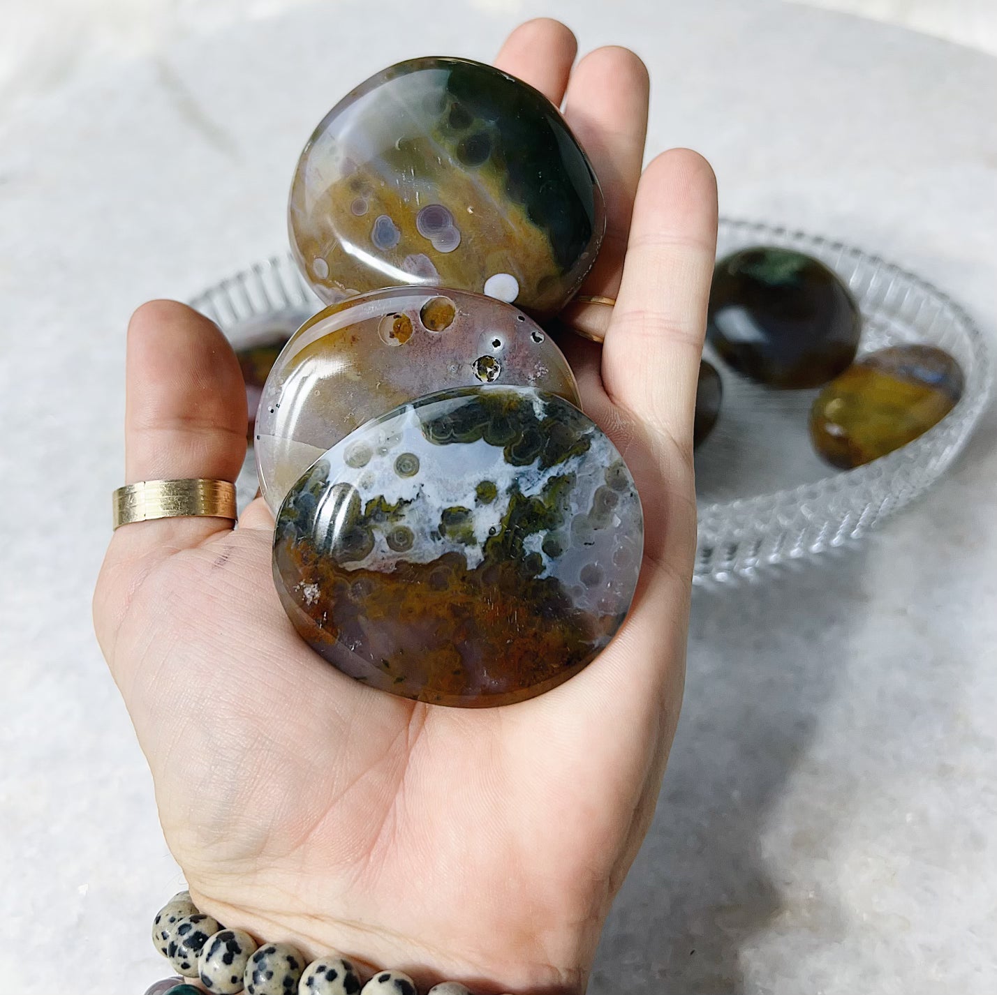 Intuitively Chosen Ocean Jasper First Quality 8th Vein Palm Stone Wild Alabaster