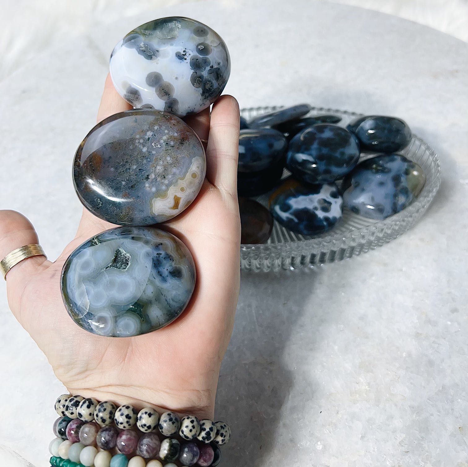 Intuitively Chosen Ocean Jasper First Quality 8th Vein Palm Stone Wild Alabaster